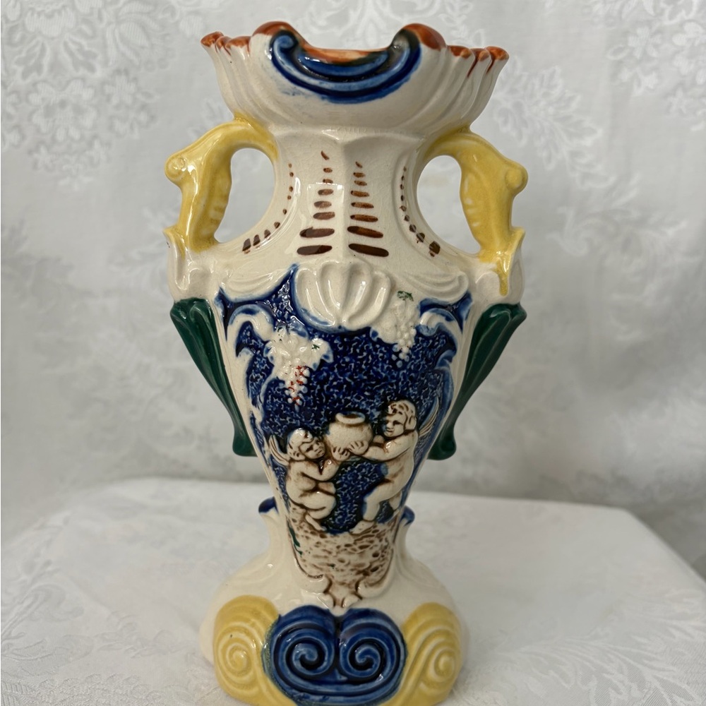 Elegant Ceramic Majolica Vase with Cherub Motif